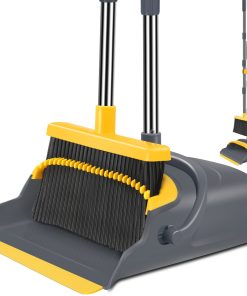 kelamayi Upgrade Broom and Dustpan Set, Self-Cleaning with Dustpan Teeth, Indoor&Outdoor Sweeping, Ideal for Dog Cat Pets Home Use, Stand Up Broom and Dustpan (Gray&Orange)