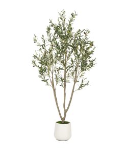 Olive Trees Artificial Indoor, 6FT Tall Faux Olive Tree with White Tall Planter, Artificial Plants with Natural Wood Trunk and Lifelike Fruits for Home Office Decor