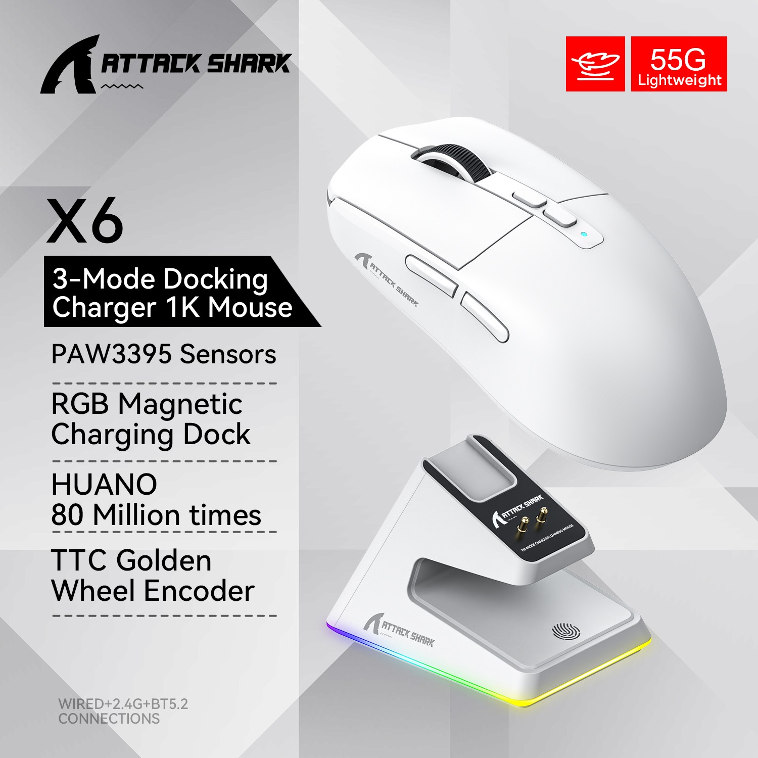 Attack Shark X6 Bluetooth Gaming Mouse 26000 DPI Tri-Mode Wired Wireless RGB Magnetic Charging Base PixArt PAW3395 55g Ultra-Lig - Image 7