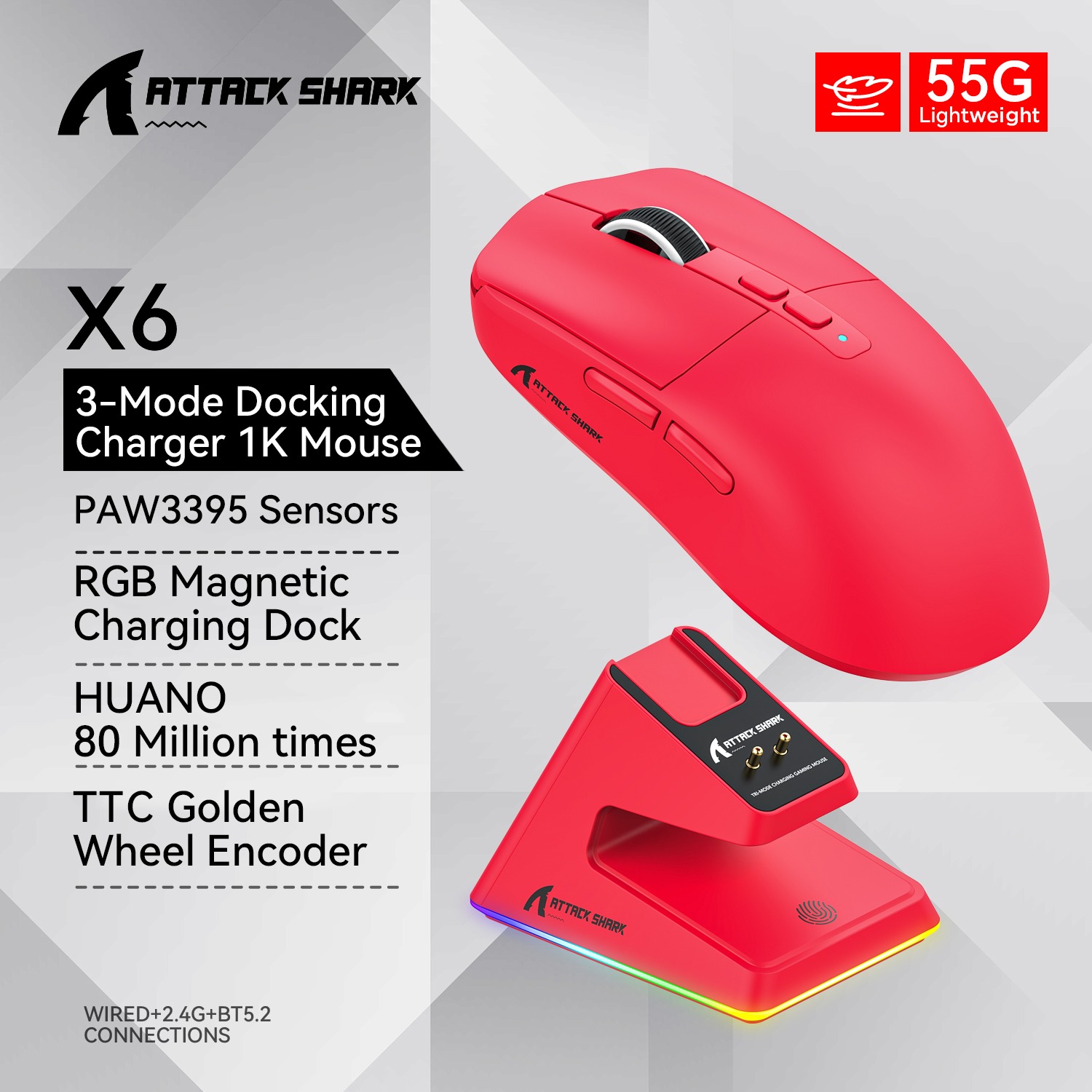 Attack Shark X6 Bluetooth Gaming Mouse 26000 DPI Tri-Mode Wired Wireless RGB Magnetic Charging Base PixArt PAW3395 55g Ultra-Lig - Image 9