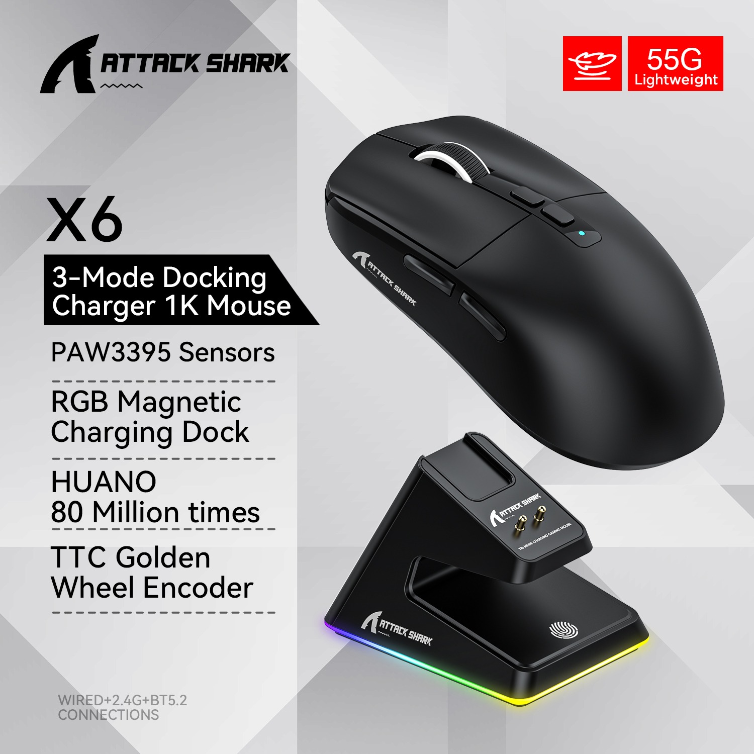 Attack Shark X6 Bluetooth Gaming Mouse 26000 DPI Tri-Mode Wired Wireless RGB Magnetic Charging Base PixArt PAW3395 55g Ultra-Lig - Image 8
