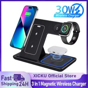 LED Fast Wireless Charger Stand 3 In 1 Foldable Charging Station For iPhone 16 15 14 13 12 Apple Watch 9 8 7 6 5 Airpods Pro
