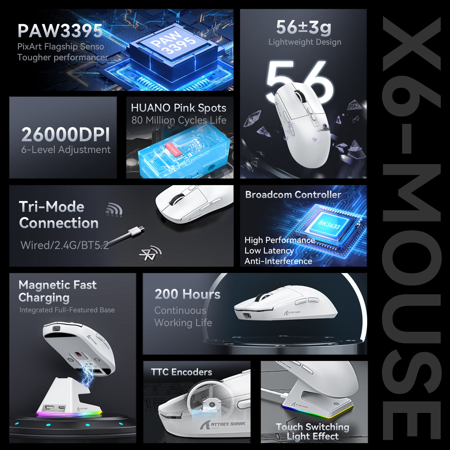 Attack Shark X6 Bluetooth Gaming Mouse 26000 DPI Tri-Mode Wired Wireless RGB Magnetic Charging Base PixArt PAW3395 55g Ultra-Lig - Image 2