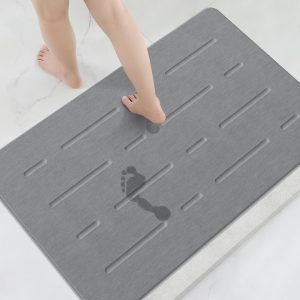 OTHWAY Large Stone Bath Mat, 32"x 20" Diatomaceous Earth Bath Mat for Bathroom Quick Drying Absorbing, Long Non-Slip Diatomite Hard Stone Shower Mat Instant Dry(Dark Grey)