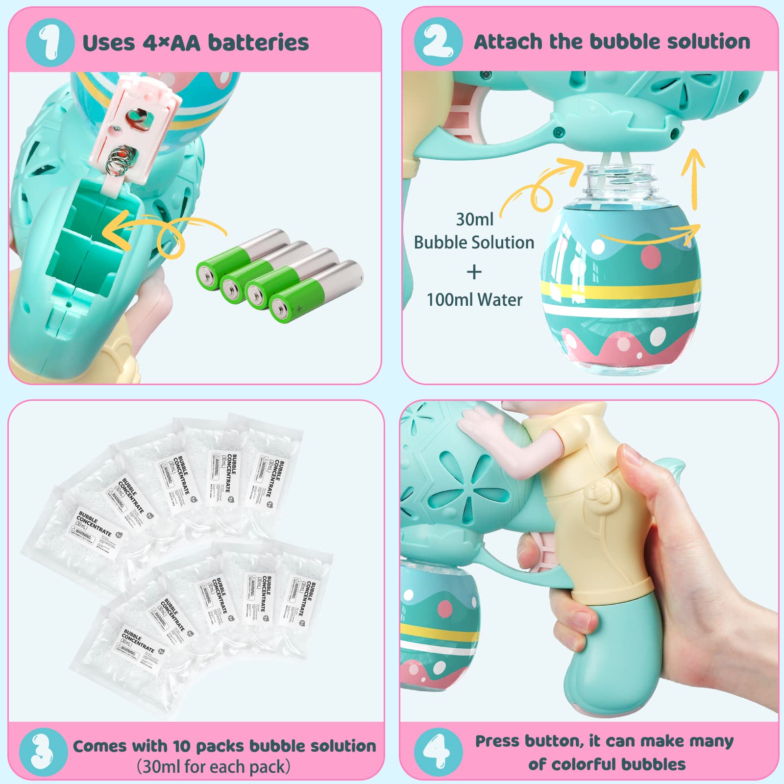 Bubble Gun for Kids 2 Pack Bubble Guns Kit for Toddlers Rabbit Bubble Machine Electric Bubble Toy Automatic Bubble Blower Bubble Maker for Outdoor Easter Gift for Kids - Image 4