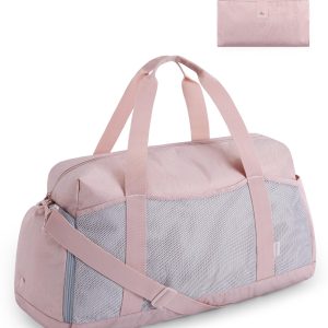 BAGSMART Foldable Duffle Bag for Women - 35L Carry On Weekender Overnight Sports Duffel with Shoe Compartment, Personal Item Travel Workout Bag for Travel Yoga, Pink