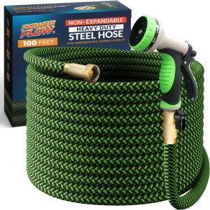PowerFlow Garden Hose, NON-EXPANDABLE 25 Feet Premium Quality Stainless Steel Metal Water Hose with Durable Fabric Skin, Hose For Commercial, Residential Use, Bonus 10-way Spray Nozzle (25 Ft, Black)