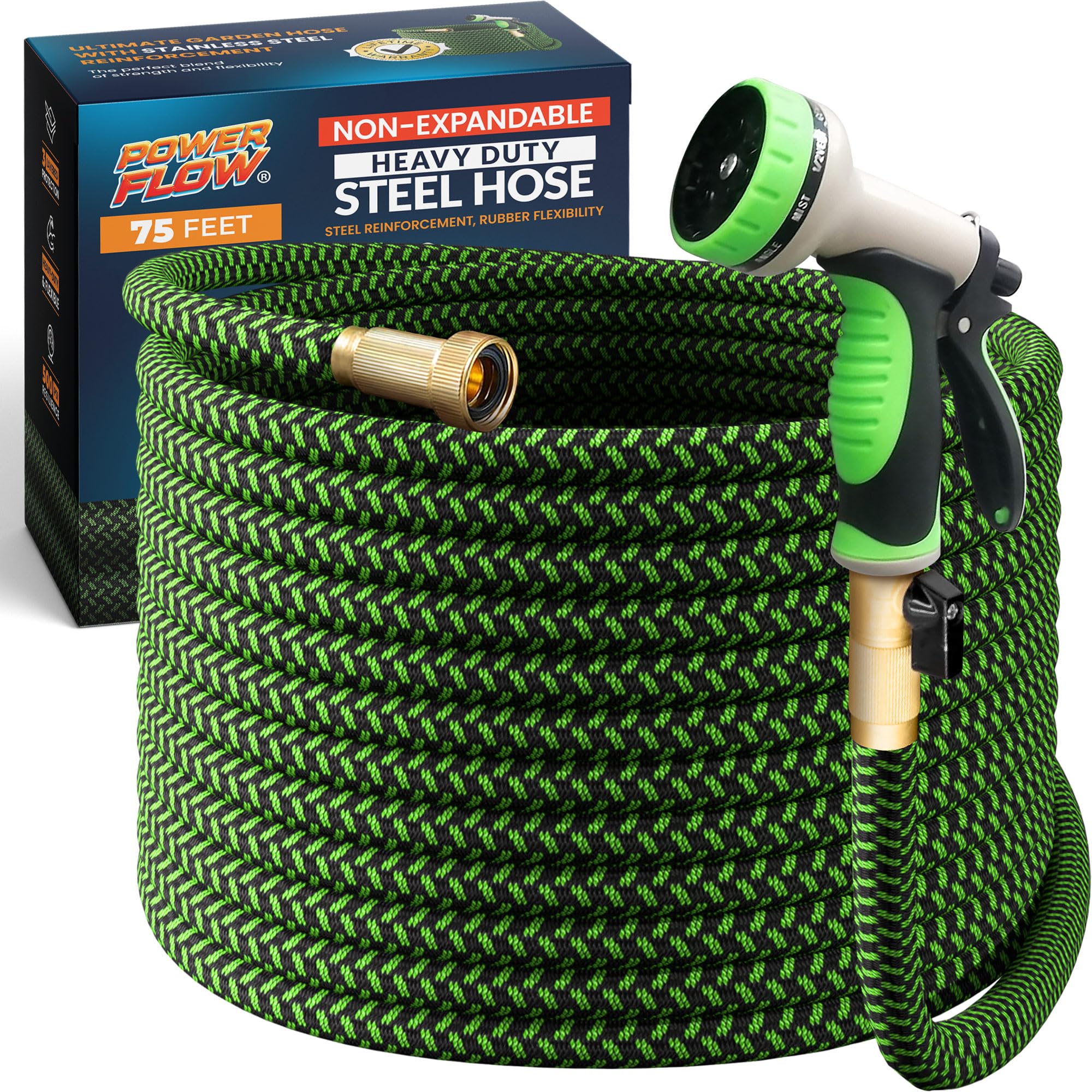 PowerFlow Garden Hose, NON-EXPANDABLE 25 Feet Premium Quality Stainless Steel Metal Water Hose with Durable Fabric Skin, Hose For Commercial, Residential Use, Bonus 10-way Spray Nozzle (25 Ft, Black) - Image 19
