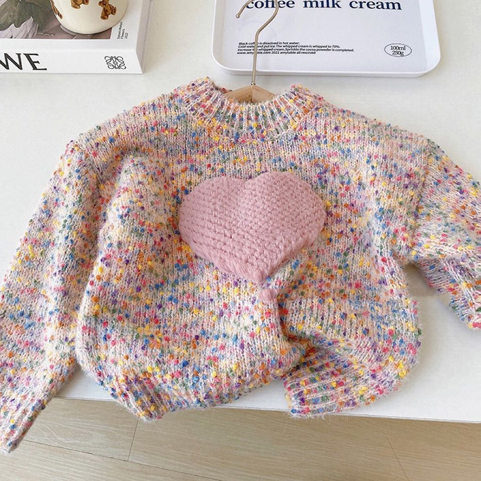 Children's Clothing Spring Autumn Girls Fashion Thickened Knitted Pullover Sweater Children's Three-Dimensional Love Colored Top - Image 3