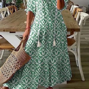 Elegant Boho Floral Print Beach Long Dresses For Women Fashion RufflesV-neck Short Sleeve Casual Sweet Loose Maxi Dress