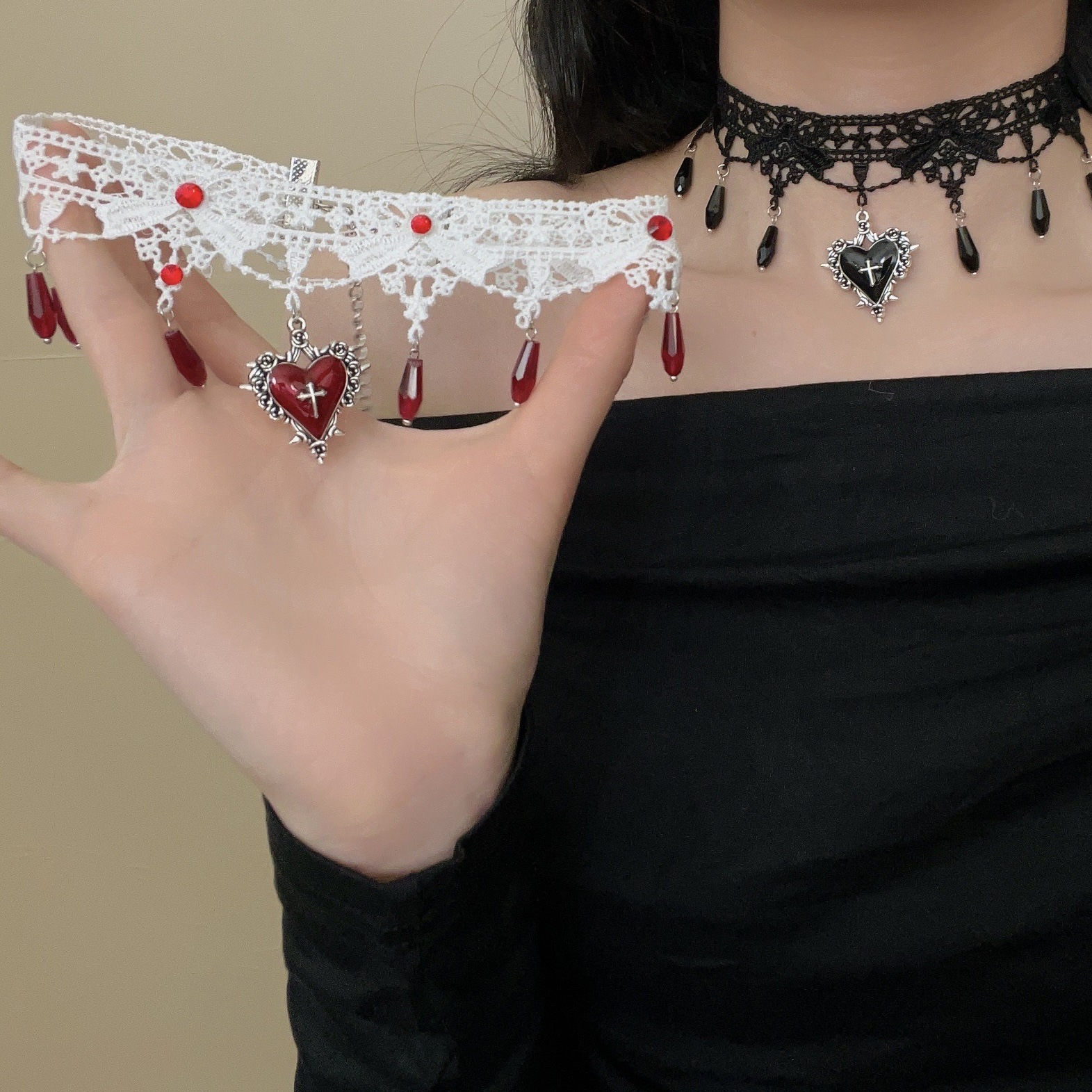 Halloween love cross white lace necklace choker neck band fashion high sense clavicle chain accessories women