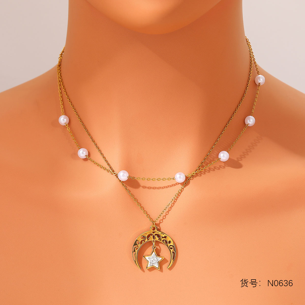 New star and moon necklace stainless steel earrings pendant vintage fashion short necklace earrings rhinestone pearl collar - Image 6