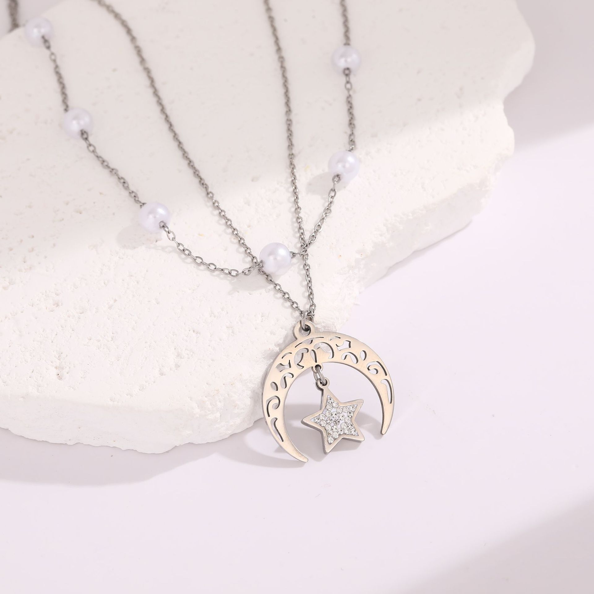 New star and moon necklace stainless steel earrings pendant vintage fashion short necklace earrings rhinestone pearl collar - Image 4