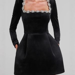 Women's clothing 2025 autumn and winter elegant square collar diamond inlaid short velvet dress