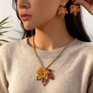 Oil dripping maple leaf necklace and earrings suite women's all-match sweater chain alloy leaves eardrops earrings