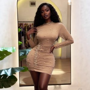 European and American women's clothing solid color fashion long sleeve beaded sheath dress