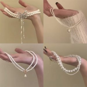 French double layer imitation pearl necklace 2025 new popular autumn and winter twin sweater chain light luxury minority clavicle chain