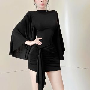 Autumn New pleated lace-up fashion trendy tight waist sheath hot girl bell sleeve dress