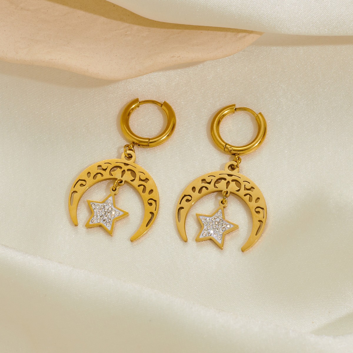 New star and moon necklace stainless steel earrings pendant vintage fashion short necklace earrings rhinestone pearl collar - Image 8