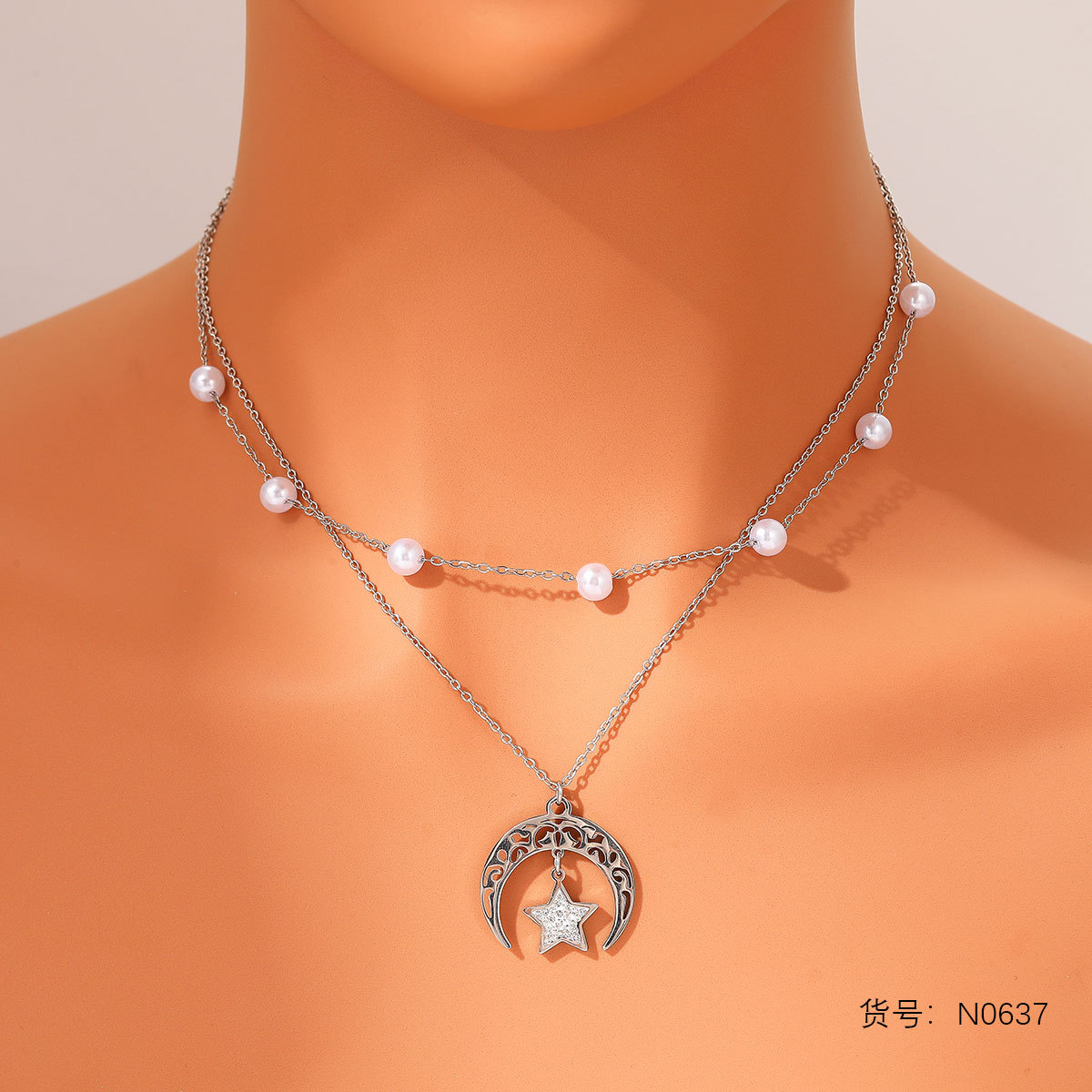 New star and moon necklace stainless steel earrings pendant vintage fashion short necklace earrings rhinestone pearl collar - Image 7