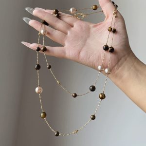 Double layer twin natural Tigereye Shijia Pearl long sweater chain Women's Maillard elegant high-end necklace accessories