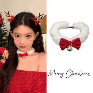 Cute girl Christmas plush necklace sweet red velvet bow bell choker short necklace