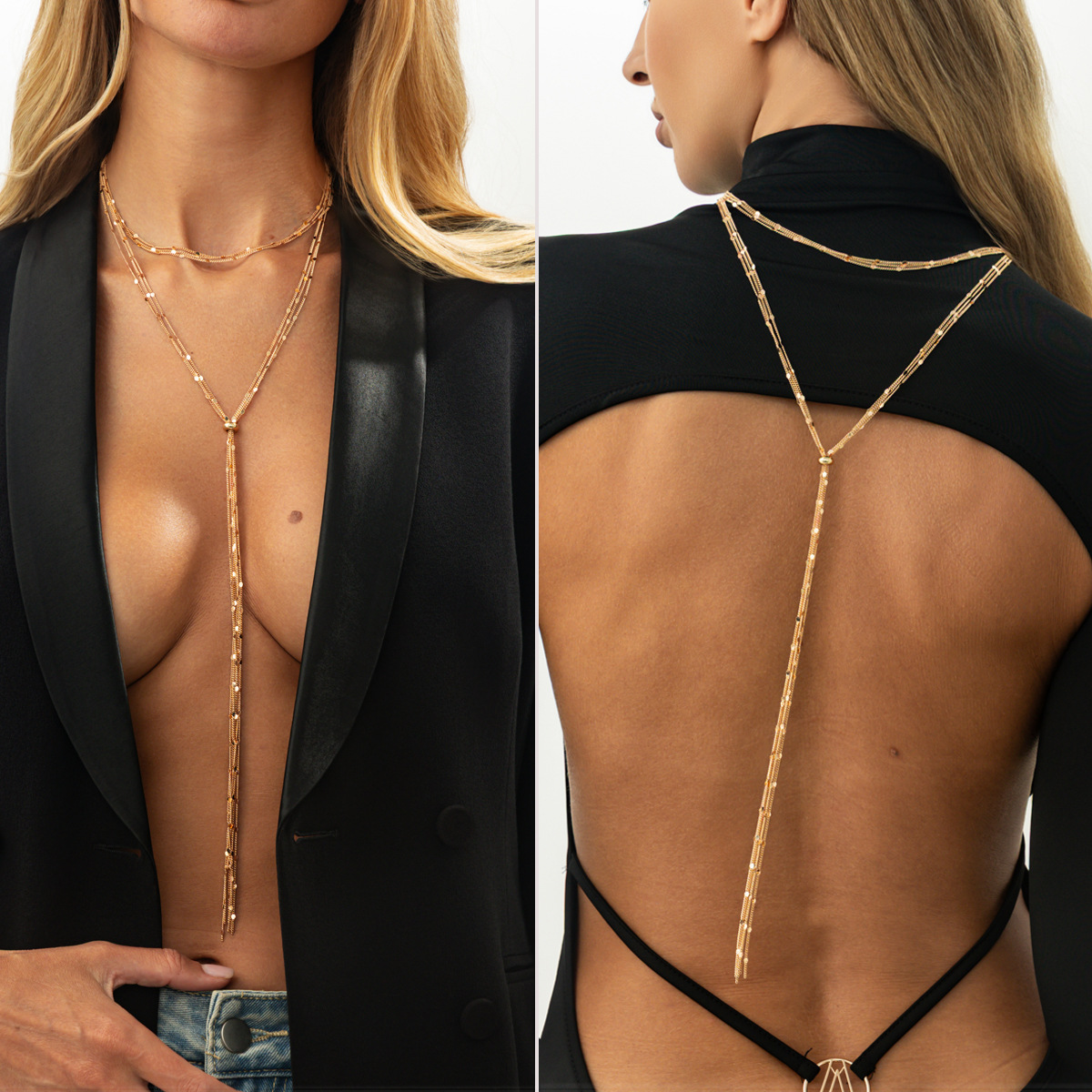 Europe and America cross border ornament sweet cool sexy sequin tassel long necklace fashion personality Y-shaped chain neck back chain for women