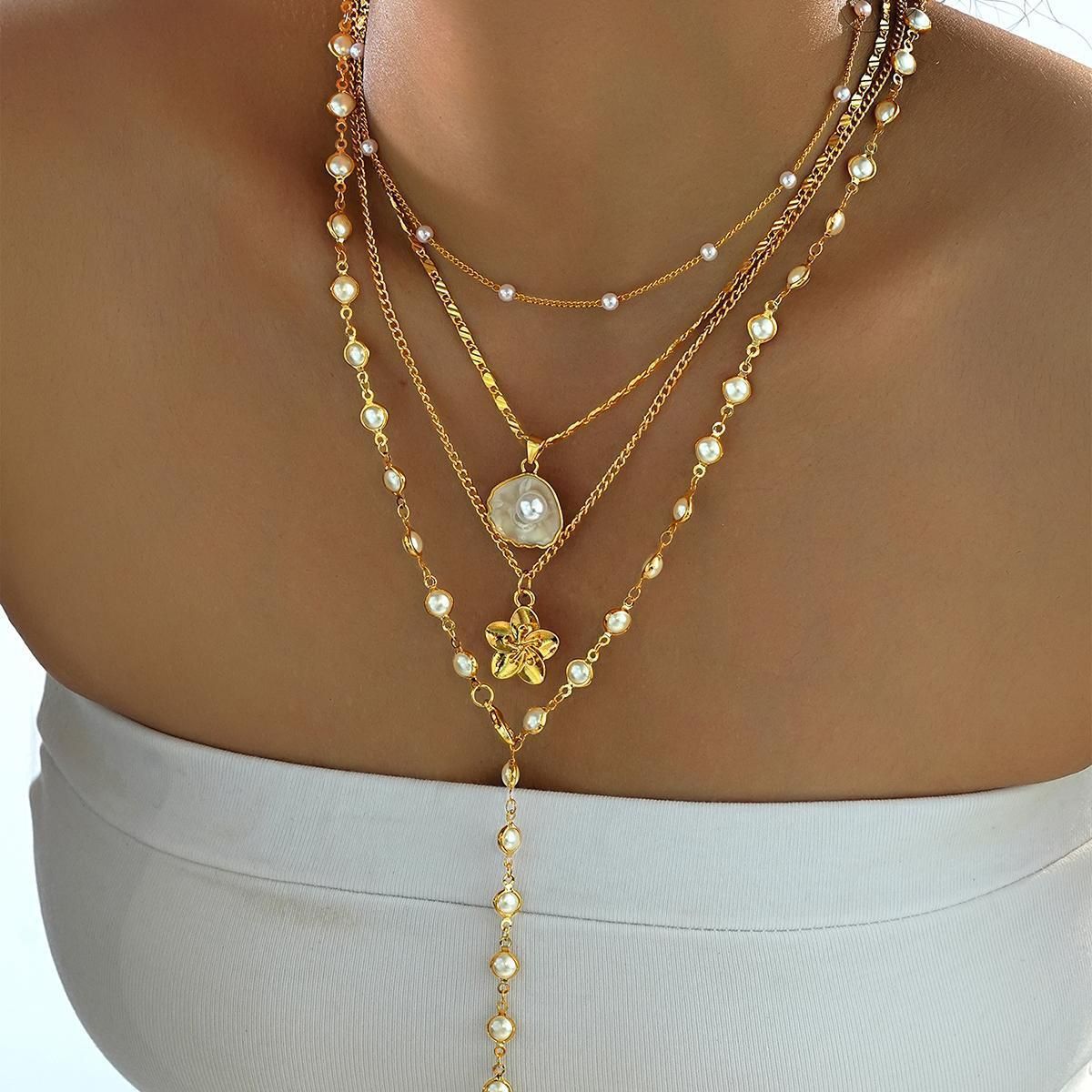 New ins flower pendant Pearl twin necklace women's fashion retro long sweater chain 4-piece set