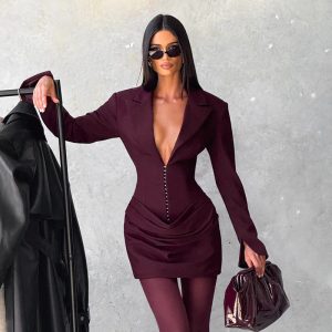 Fashionable women's clothing autumn and winter New temperament pure color deep V lapel pleated waist tight business suit and dress