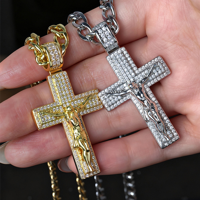 Vintage cross pendant necklace copper inlaid zircon micro-inlaid hip hop men's accessories jewelry accessories personality - Image 2