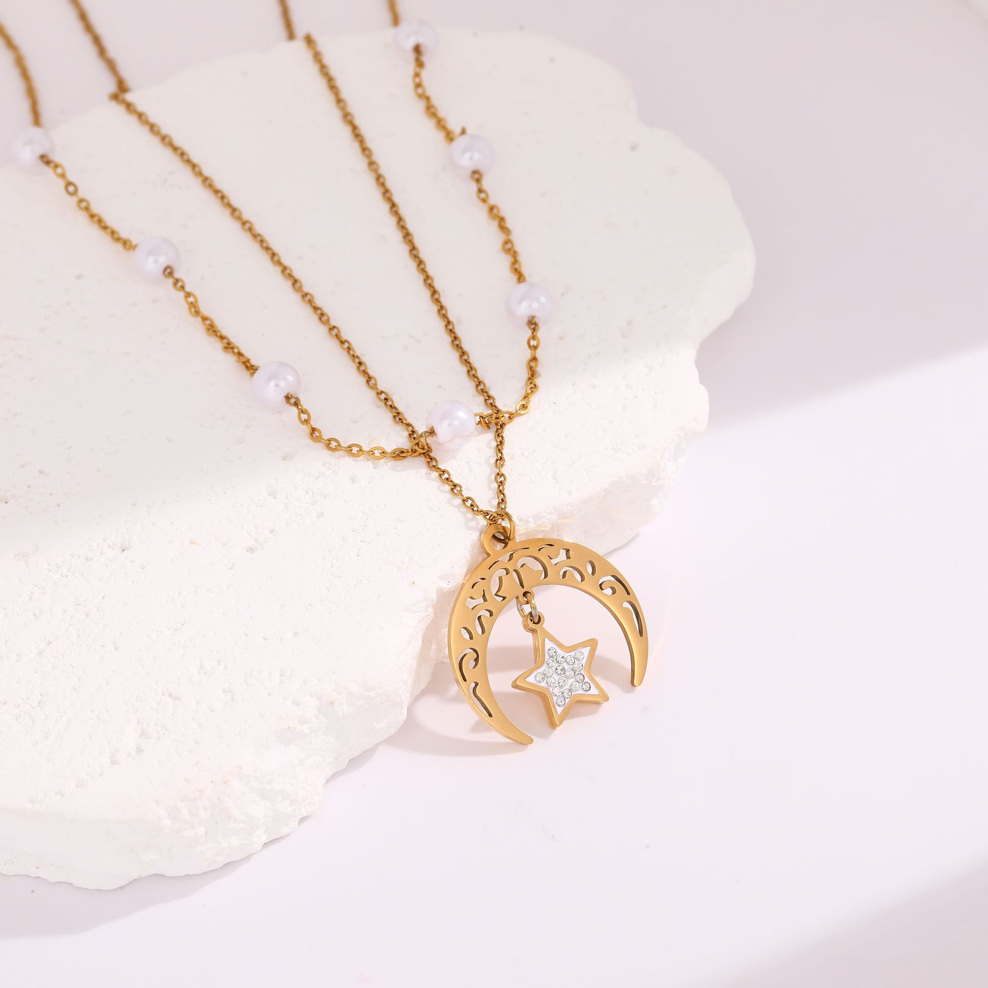 New star and moon necklace stainless steel earrings pendant vintage fashion short necklace earrings rhinestone pearl collar - Image 3