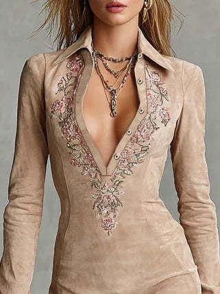 New fall women's clothing slim-fit embroidery long sleeve lapel dress - Image 2