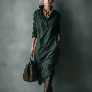 Autumn and winter women's wide suede loose casual solid color long sleeve mid-length dress