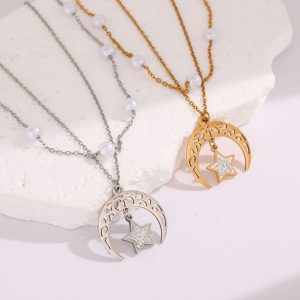 New star and moon necklace stainless steel earrings pendant vintage fashion short necklace earrings rhinestone pearl collar