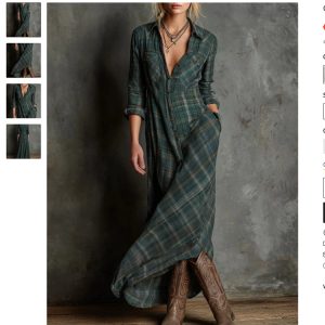 New pattern print casual long sleeve big hem plaid dress