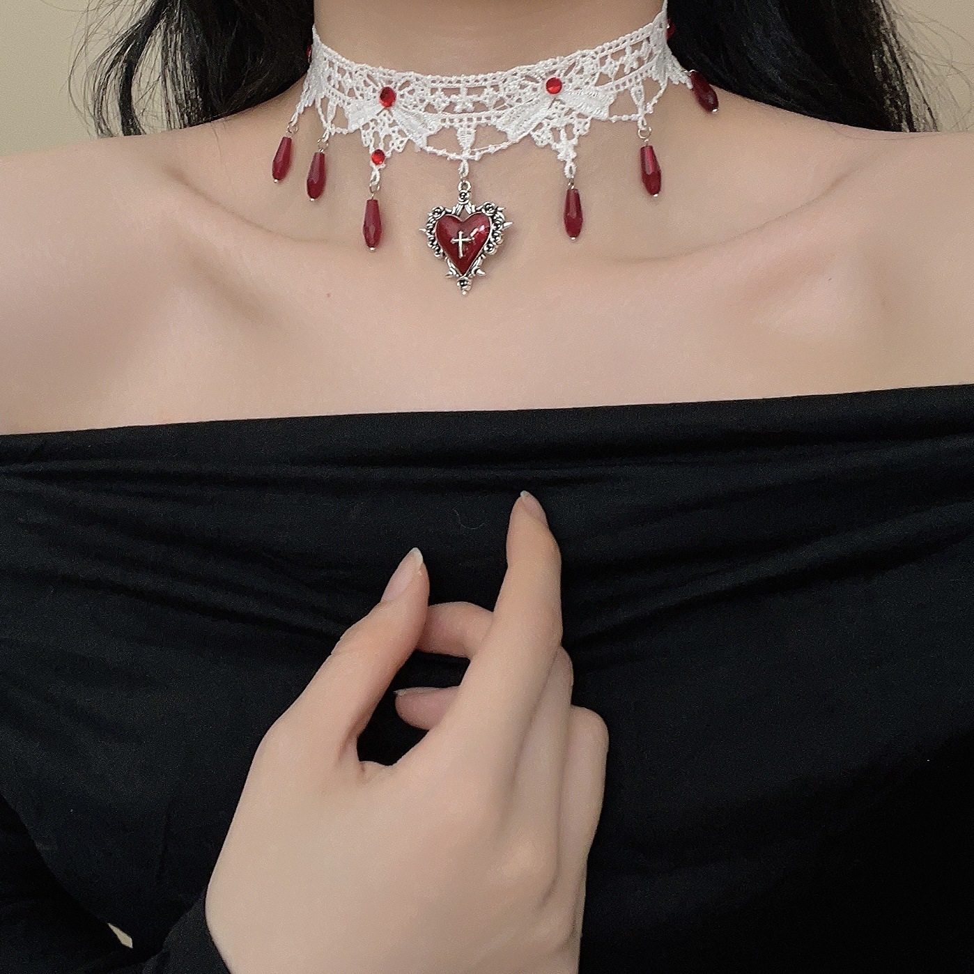 Halloween love cross white lace necklace choker neck band fashion high sense clavicle chain accessories women - Image 2