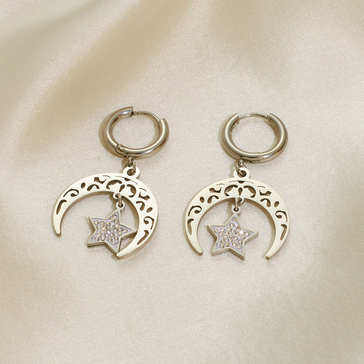 New star and moon necklace stainless steel earrings pendant vintage fashion short necklace earrings rhinestone pearl collar - Image 9