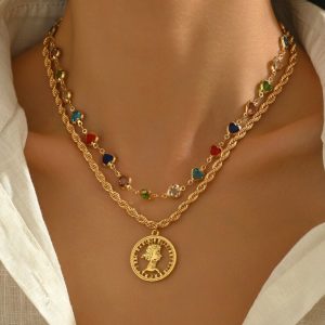 Fashion simple heart color rhinestone beaded necklace round brand portrait pendant metal double-layer clavicle chain