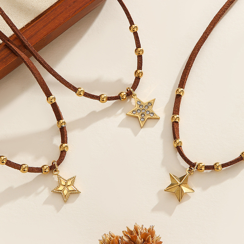 Retro style leather rope round beads Maillard necklace light luxury trendy design five-pointed star pendant sweater chain