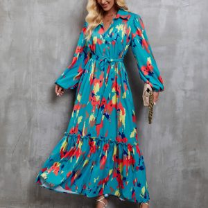 Autumn and Winter new abstract printing single-breasted lace up waist-tight lantern sleeve dress for women