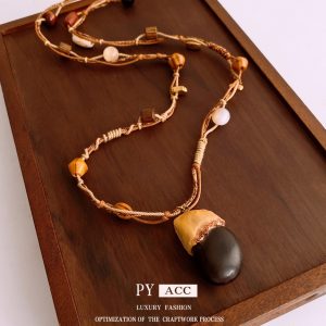 Maillard cotton string Wood Oval beaded necklace retro trendy all-match sweater chain design sense niche necklace