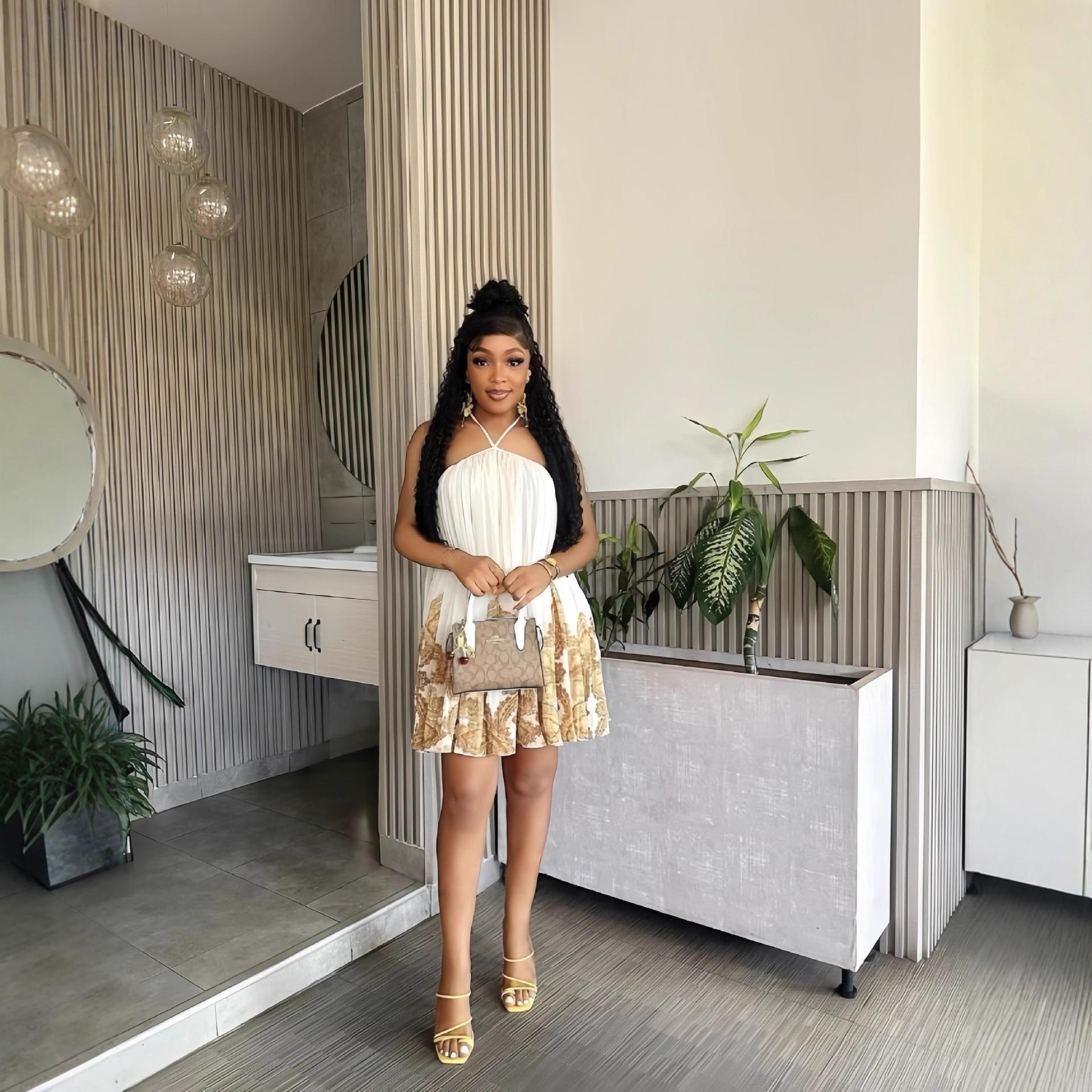 Women's clothing 2025 winter new sleeveless off shoulder hanging neck pleated sexy backless short dress