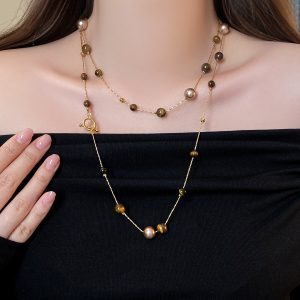 Maillard Tigereye Pearl double layer twin necklace female niche retro affordable luxury high-grade sweater chain ornament