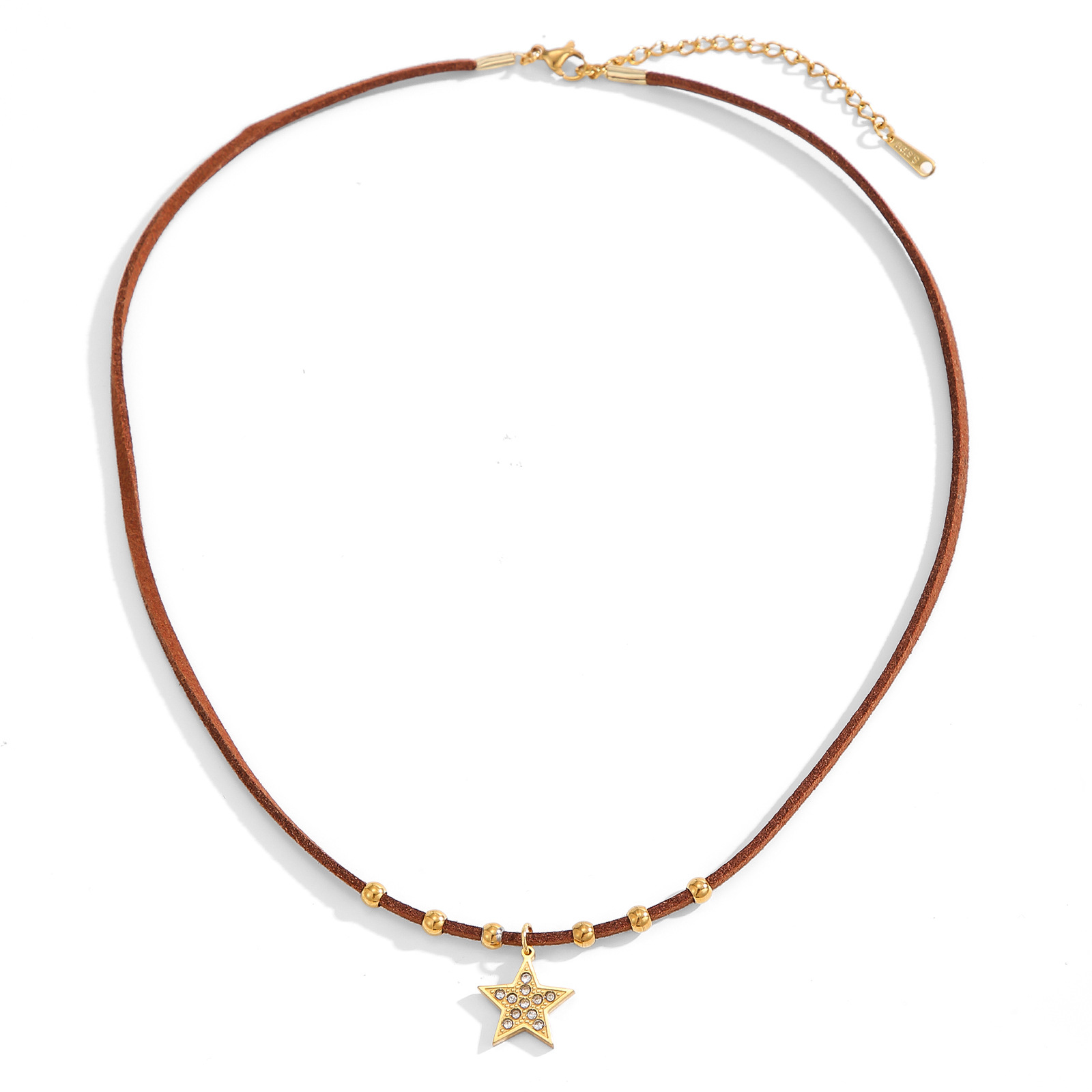 Retro style leather rope round beads Maillard necklace light luxury trendy design five-pointed star pendant sweater chain - Image 5