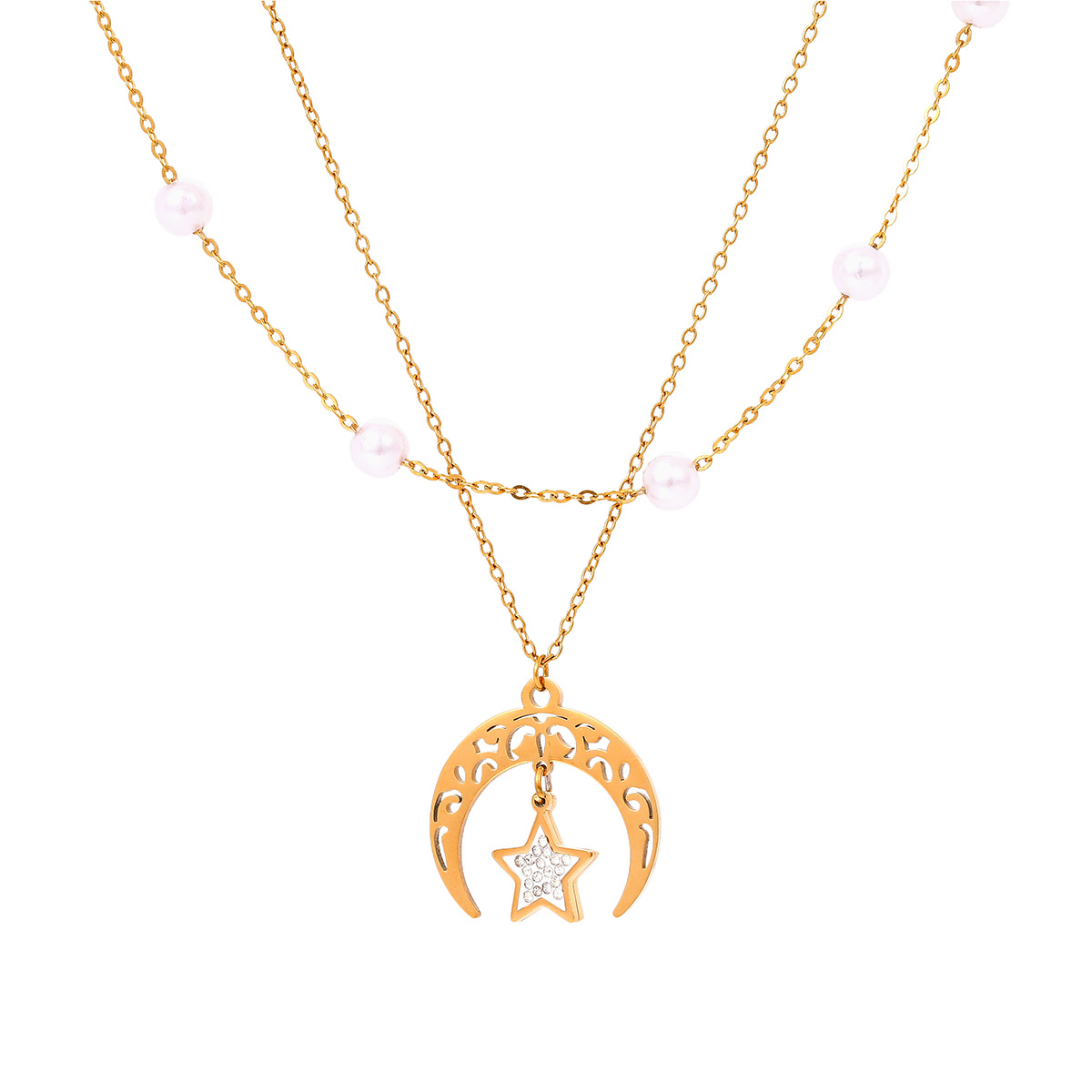 New star and moon necklace stainless steel earrings pendant vintage fashion short necklace earrings rhinestone pearl collar - Image 5
