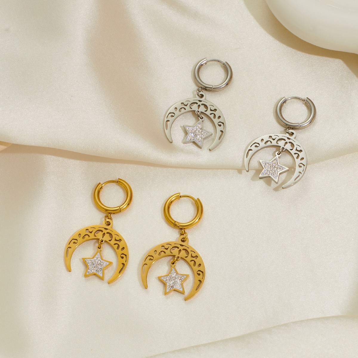 New star and moon necklace stainless steel earrings pendant vintage fashion short necklace earrings rhinestone pearl collar - Image 2