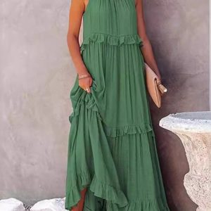 Summer Vacation Style Halter Neck Long Dresses Women Fashion Backless Leace-up Loose Ruffles Beach Dress Elegant Ladies Vestidos
