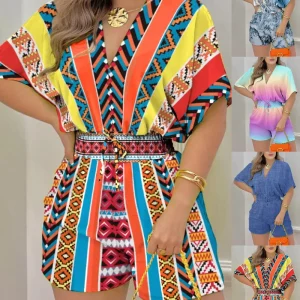 Women Print One Piece Short Sleeve V Neck Tops Rompers Overall Elastic Waist Shorts Suits Jumpsuits Ladies Summer Bohemian