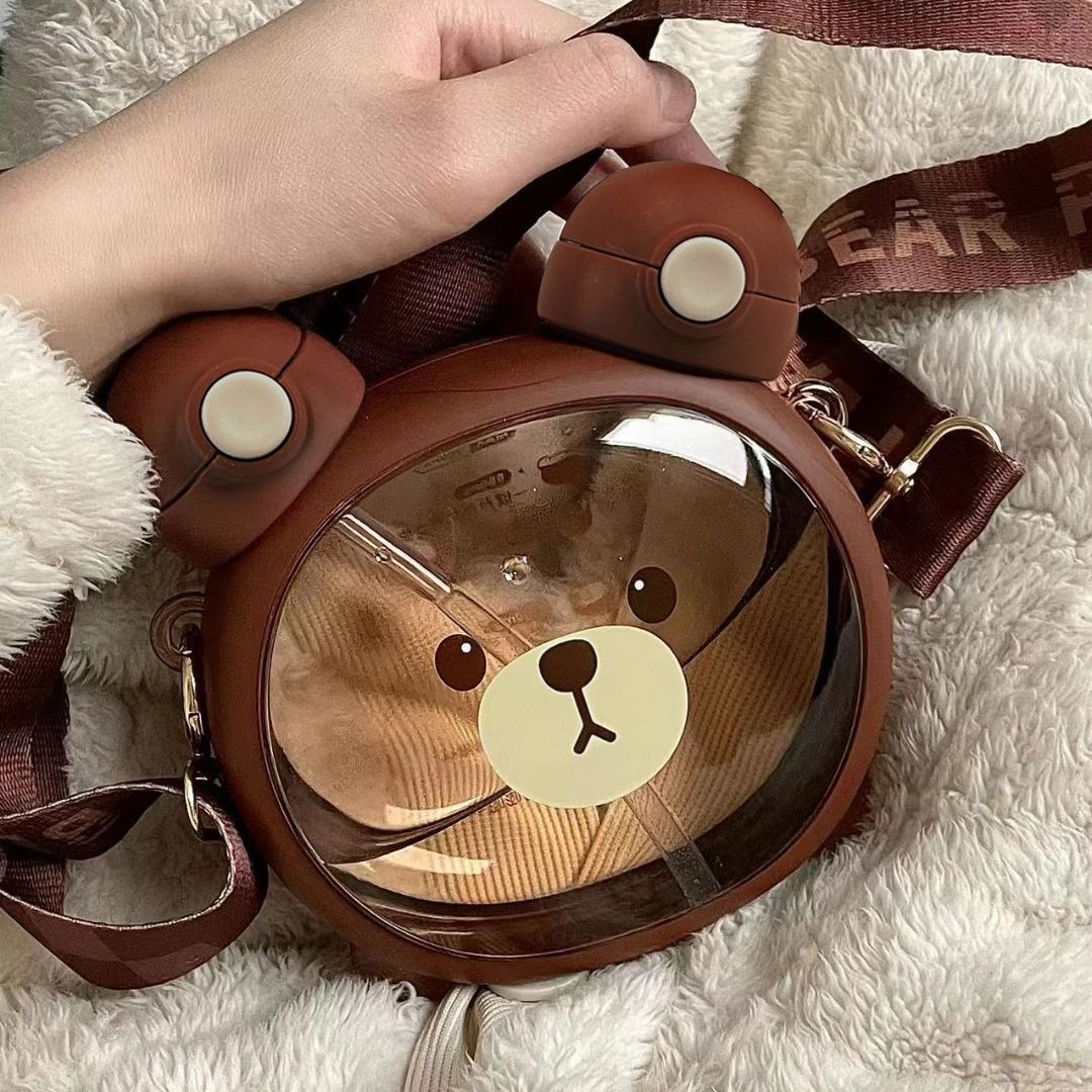 Cute bear water cup for girls good-looking Cup children's cups Cup with straw summer student portable crossbody water bottle